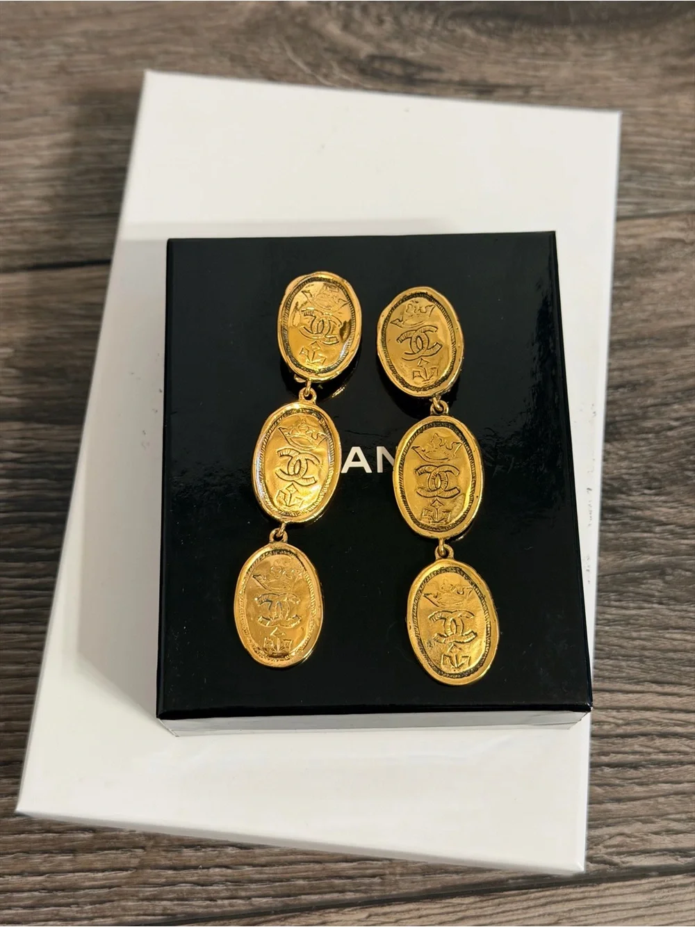 CHANEL Vintage Gold CC Crown Oval Drop Clip On Earrings